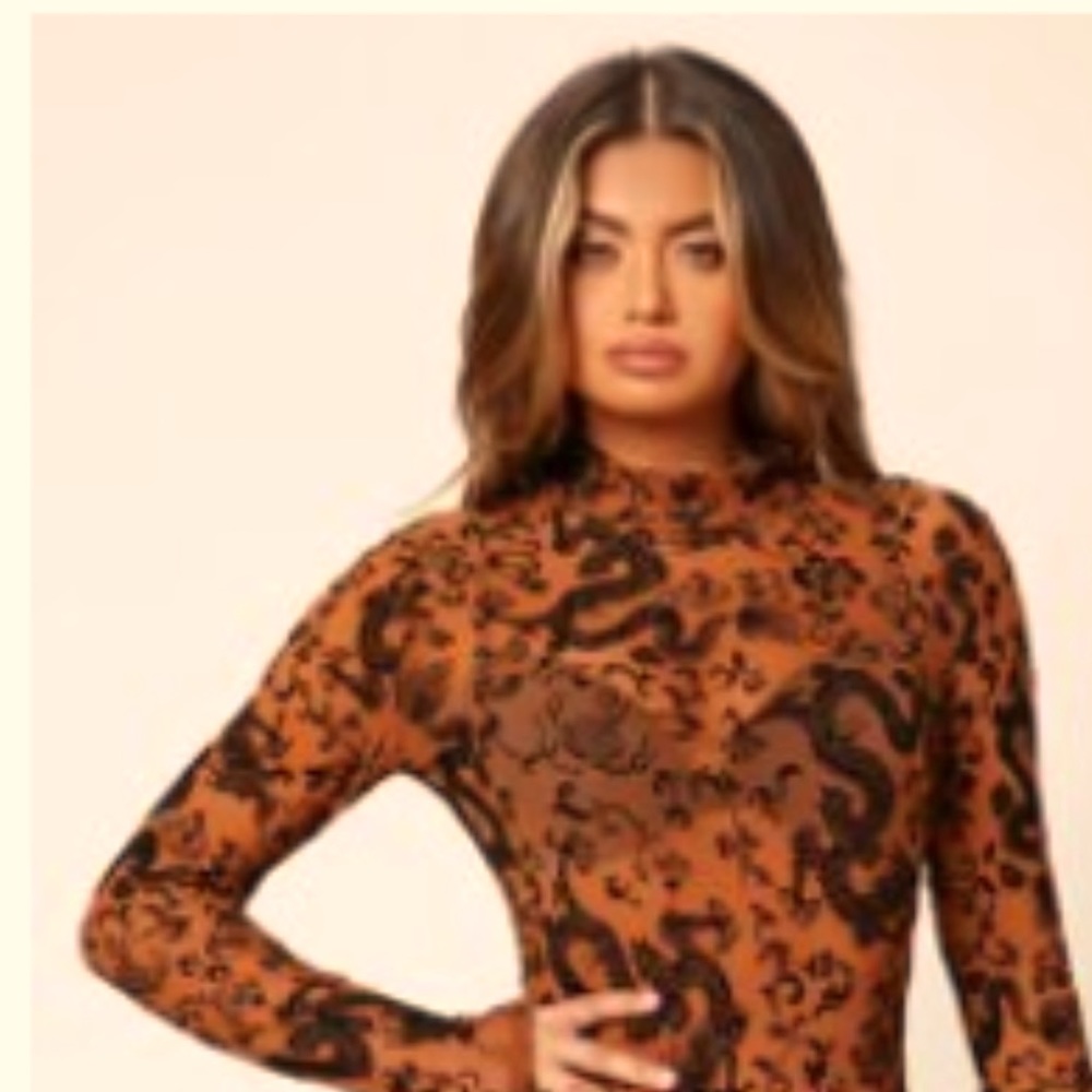 Chinese Dragon Print Mock Mesh Sheer Mesh Bodysuit